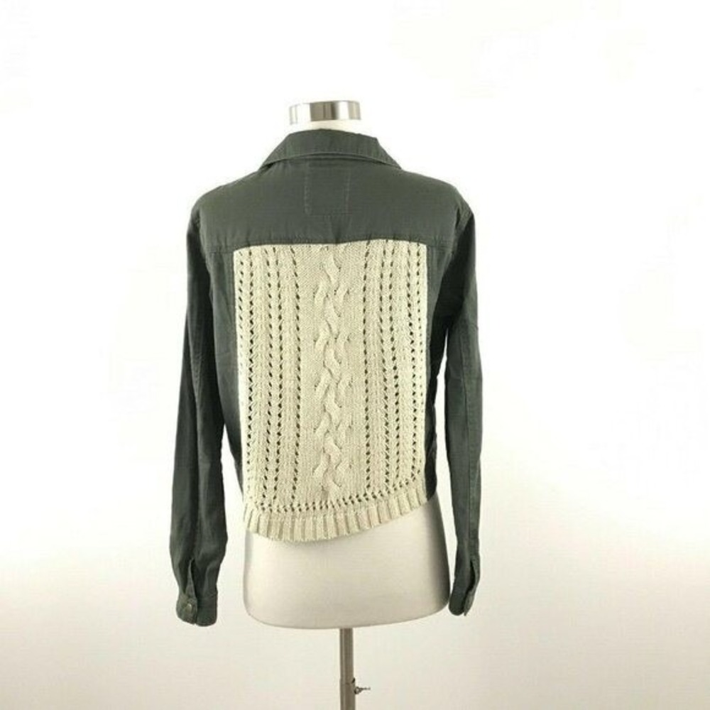 Sound & Matter Women's Jacket Medium Green Beige Crochet Back Snap Front